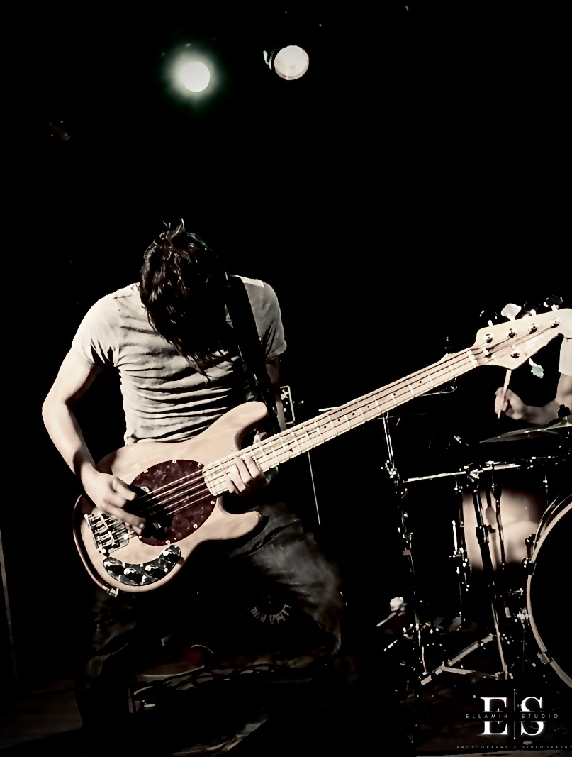Bass player performing live on stage under spotlights