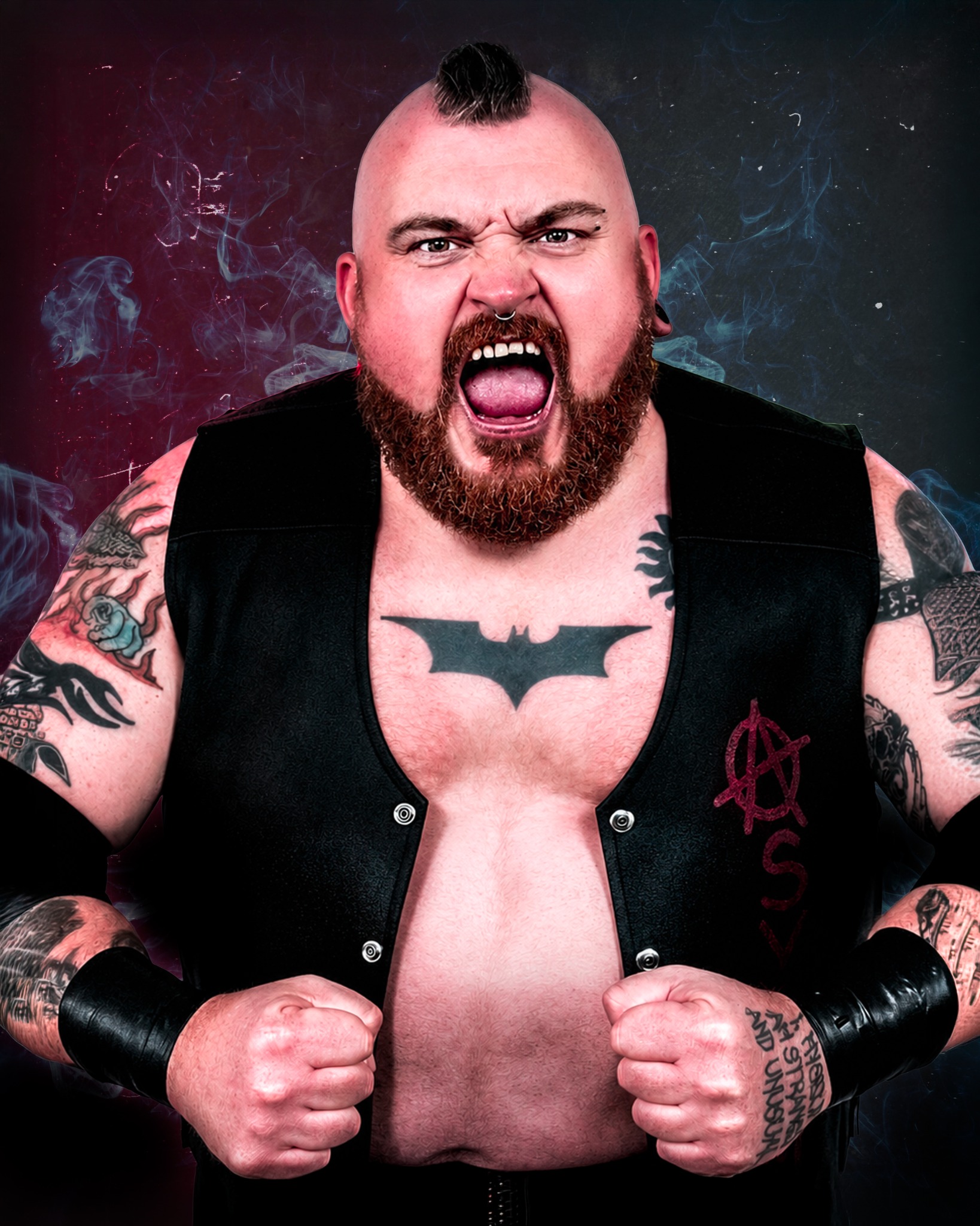 Promotional portrait of professional wrestler Asylum roaring towards the camera against red and blue smoke